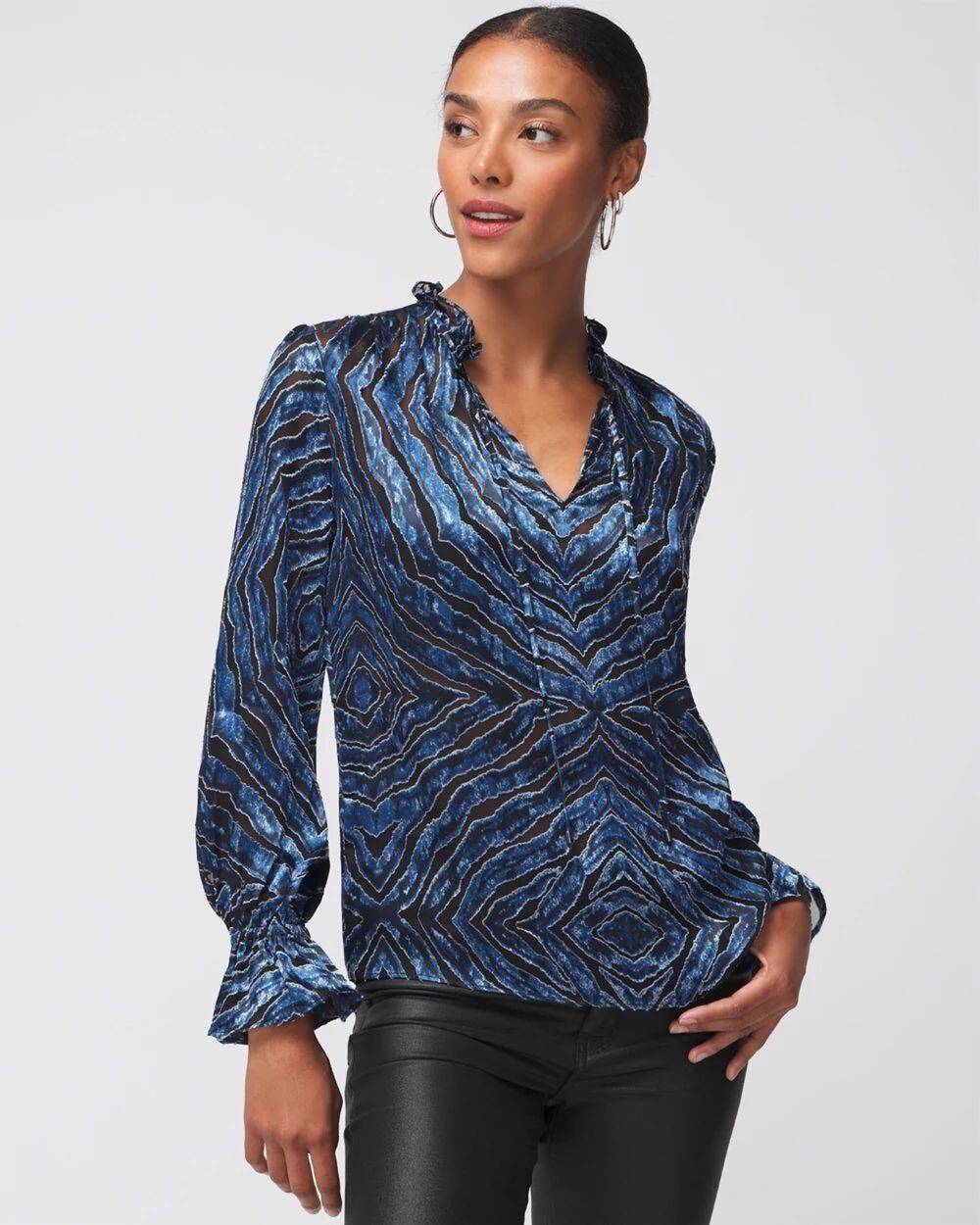 White House Black Market Silk Burnout Zebra Blouse Sz XL Blue Black Print Ruffle